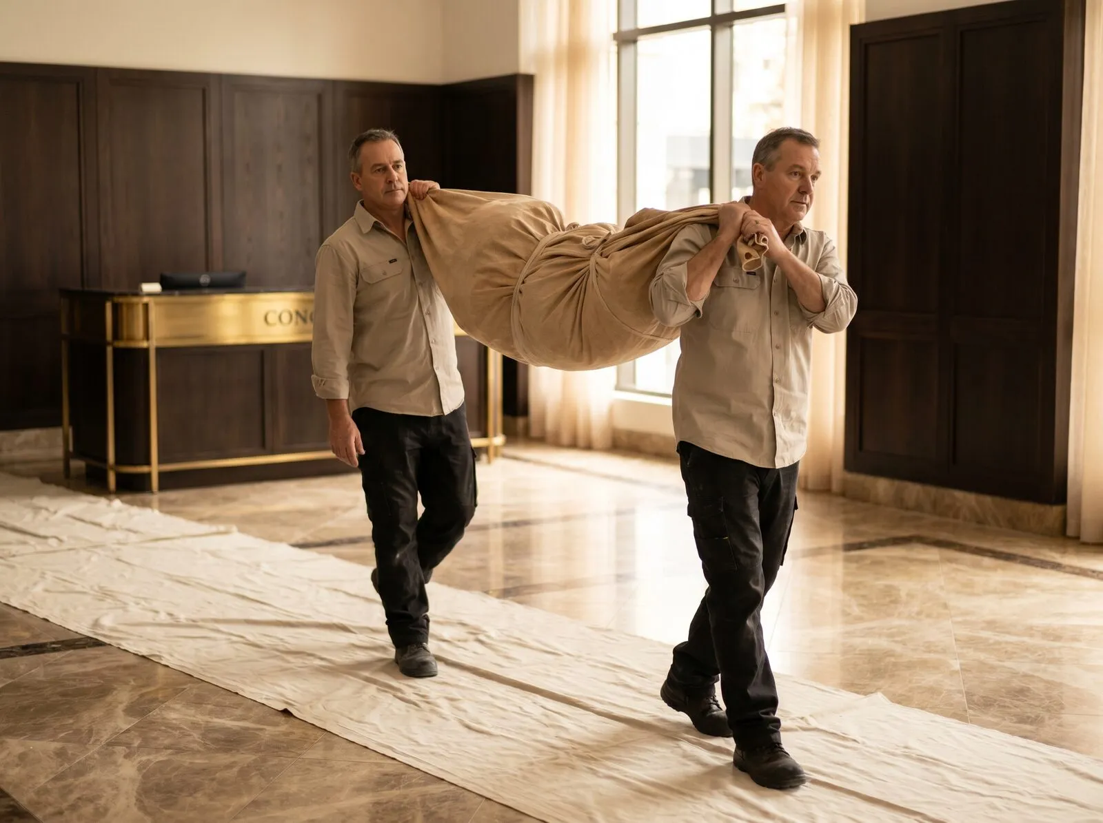 Two crew carrying a wrapped bundle of renovation offcuts through a protected apartment lobby