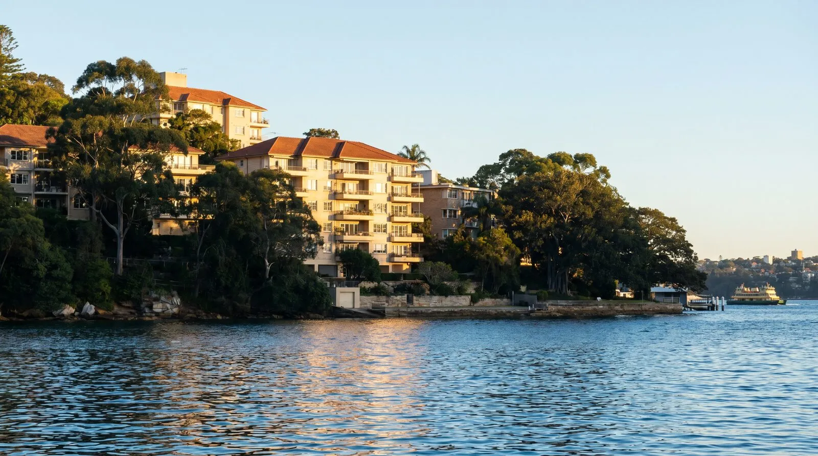 Harbourside apartment buildings among trees at Darling Point, seen across the water in morning light