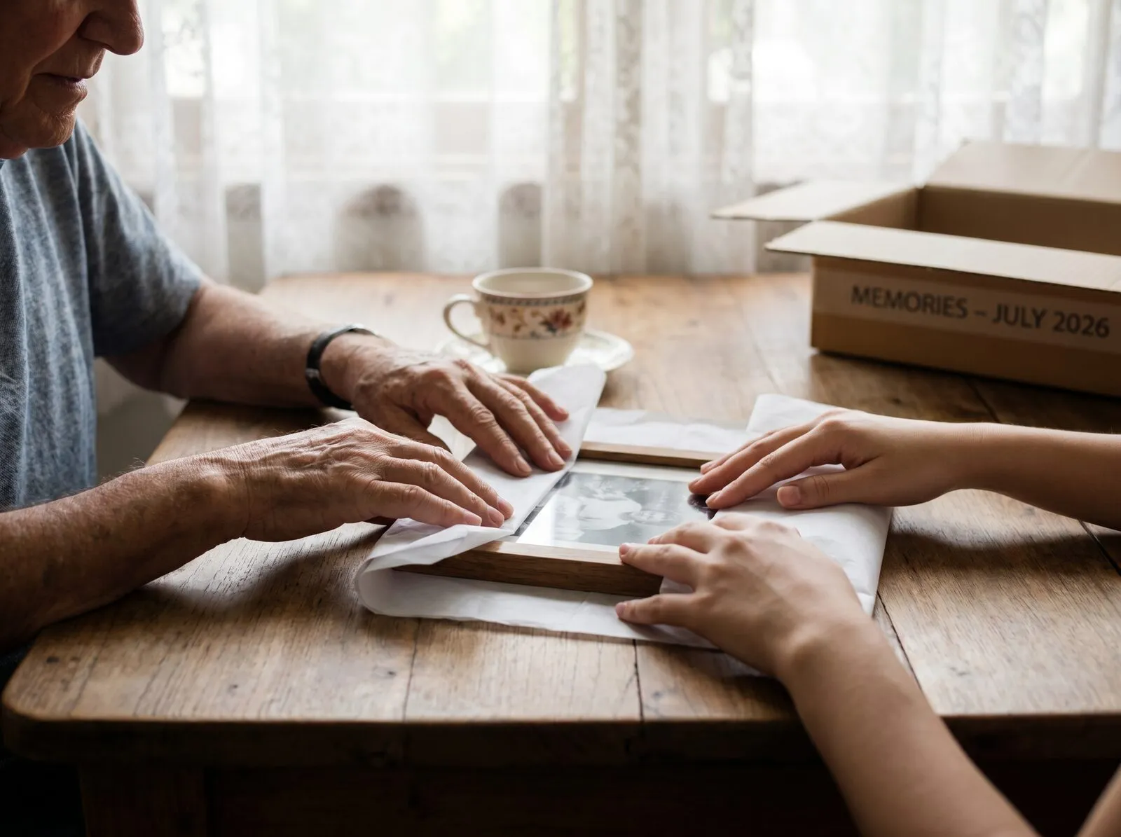 Two pairs of hands, one older and one younger, wrapping a framed photograph in tissue paper at a dining table