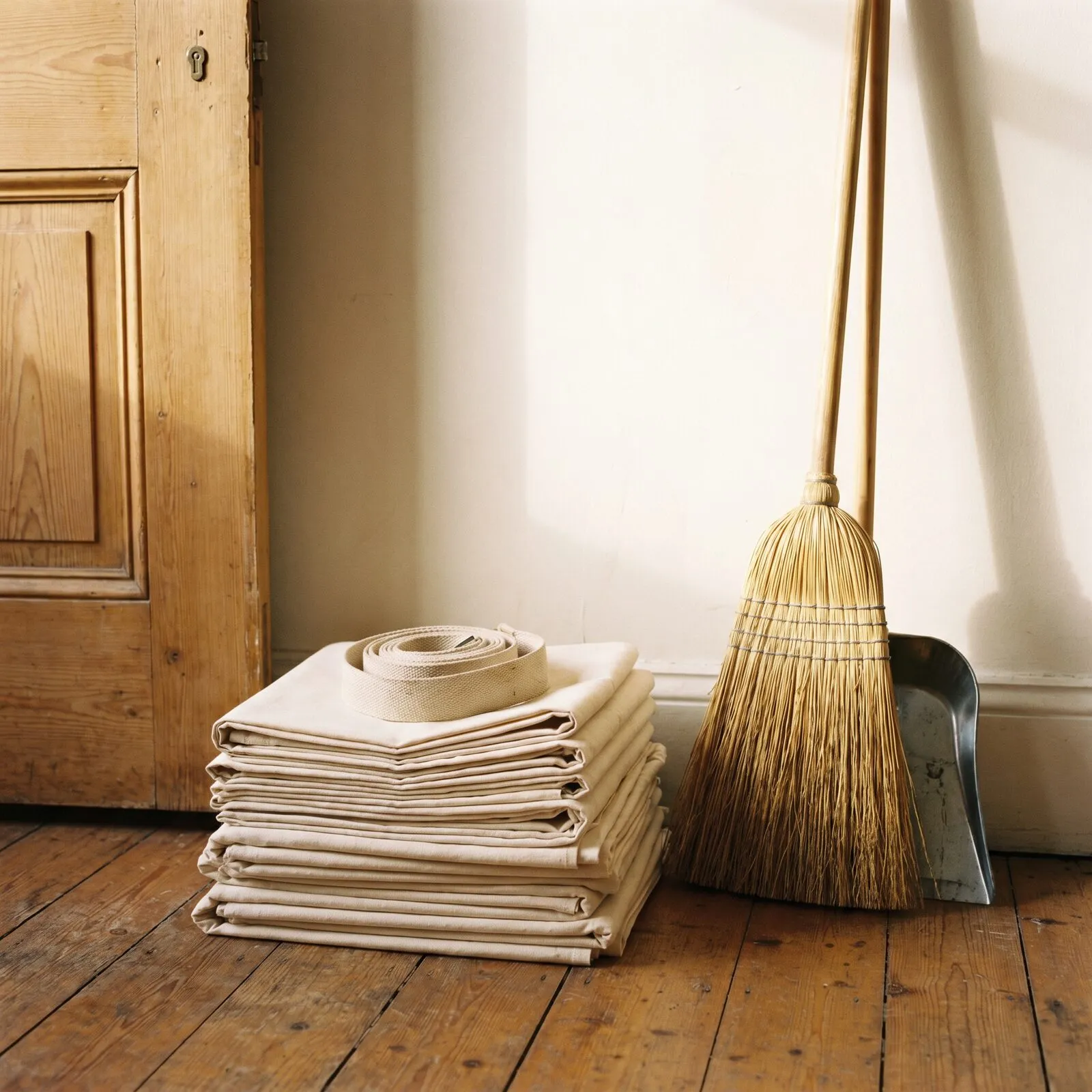 Folded calico dust sheets stacked beside a broom and dustpan by an apartment door