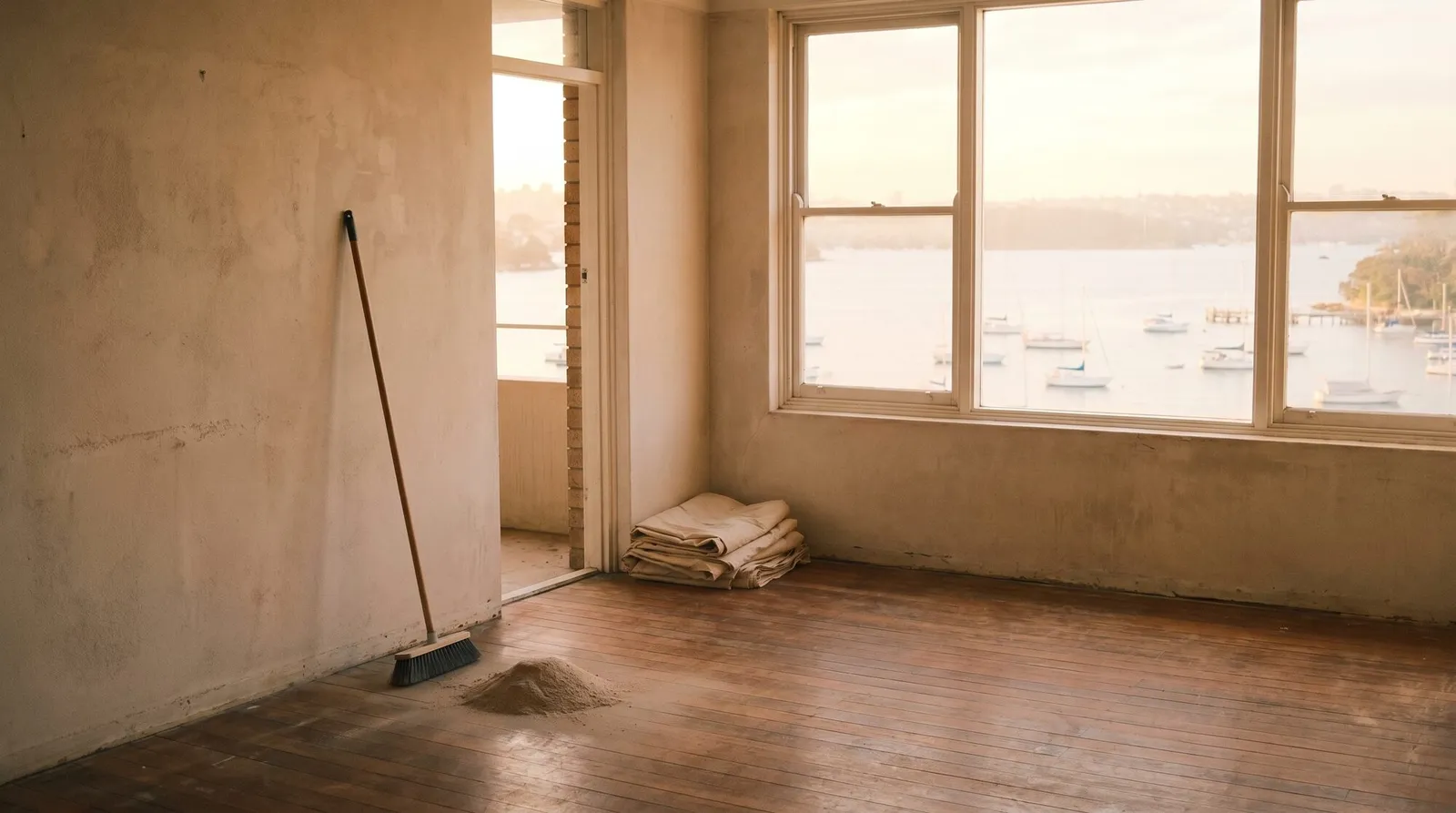 A freshly stripped and swept apartment room, folded dust sheets stacked by the door, ready for the next trade