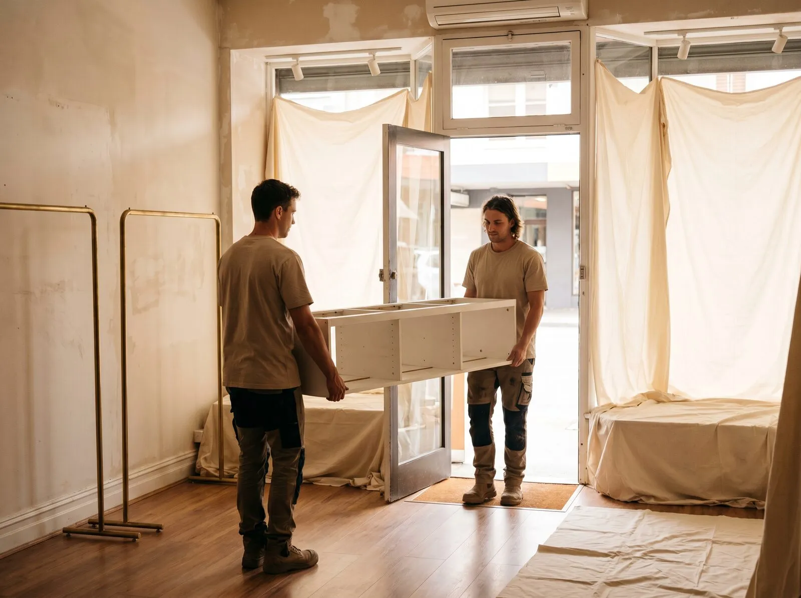 Two crew carrying a dismantled shelving unit out of a boutique mid-defit, windows draped with protective sheets