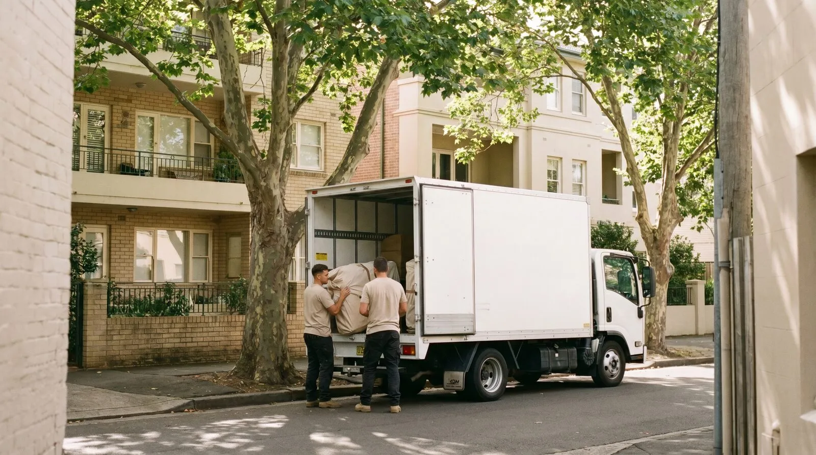 Crew loading wrapped bundles into a small box truck on a narrow leafy street beside apartment buildings