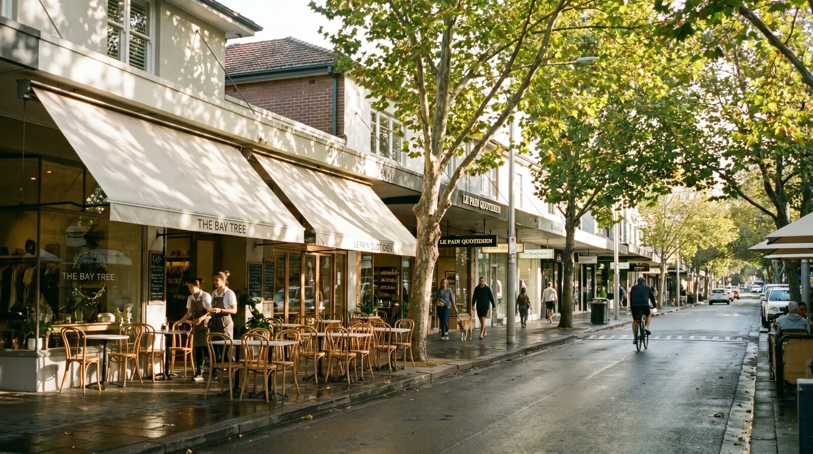 A leafy village shopping street with cream awnings, cafe tables and morning light